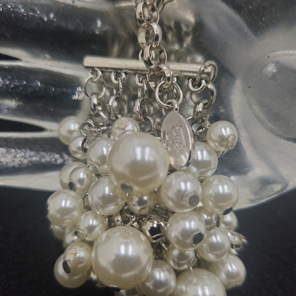 Vintage Aura Faux Cluster Pearl Rhinestone Silver Tone Link Bracelet - Picture 11 of 16